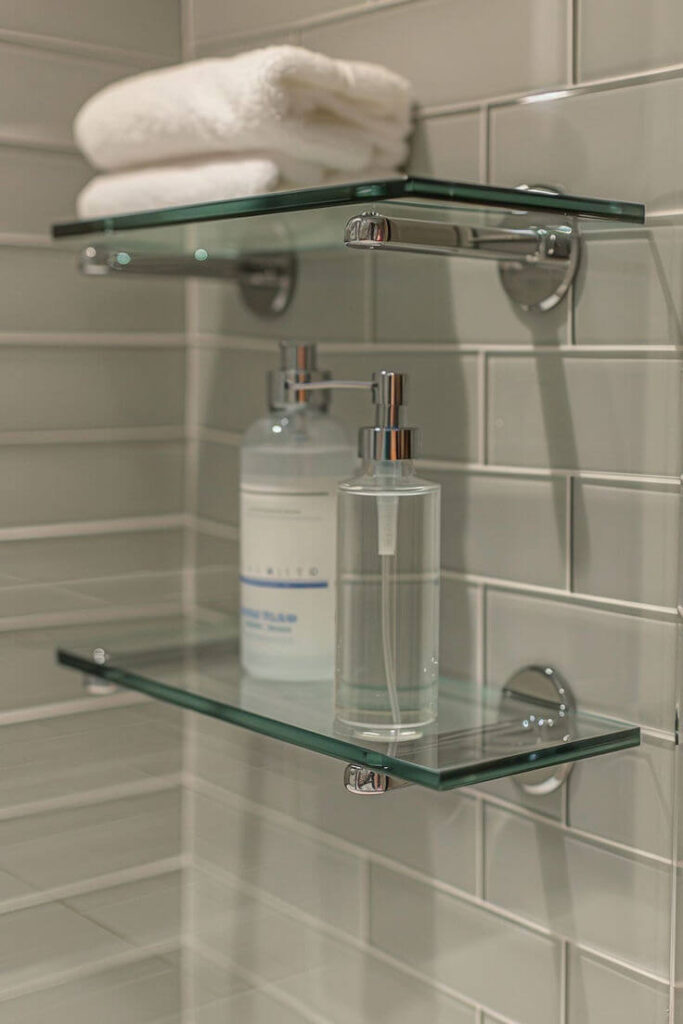 Repisa de cristal en baño moderno con toallas blancas y productos de baño organizados, mostrando un diseño elegante y minimalista.