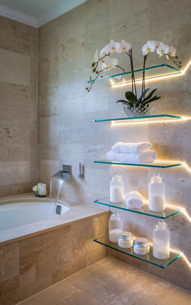 Repisa de cristal con luz LED en baño moderno, organizada con toallas y frascos, creando un ambiente elegante y funcional.