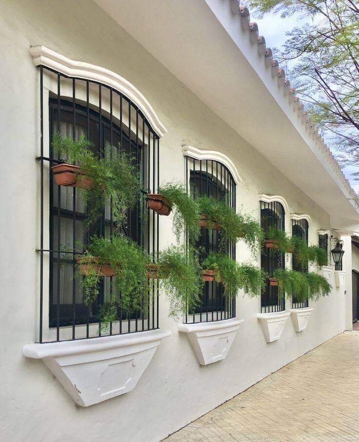 Rejas de hierro forjado con macetas, decorando las ventanas y proporcionando seguridad y un toque verde a la fachada.