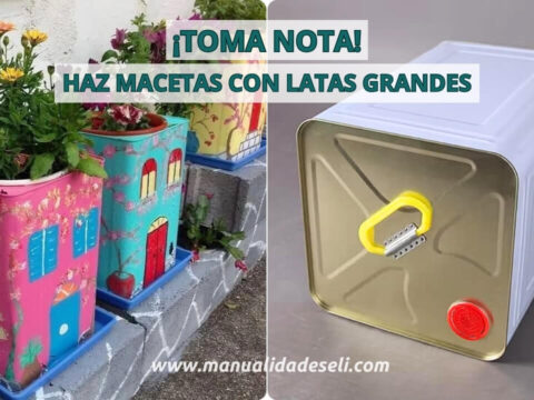 Latas decoradas como casas coloridas con plantas, junto a una lata metálica sin pintar.