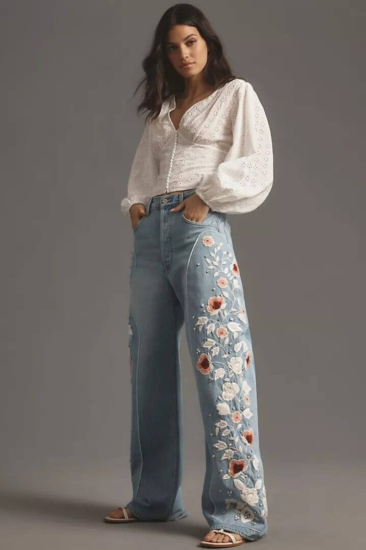 Boot Cut Pantalones Bordados Hombre Hombre Vaqueros Bordados Jeans